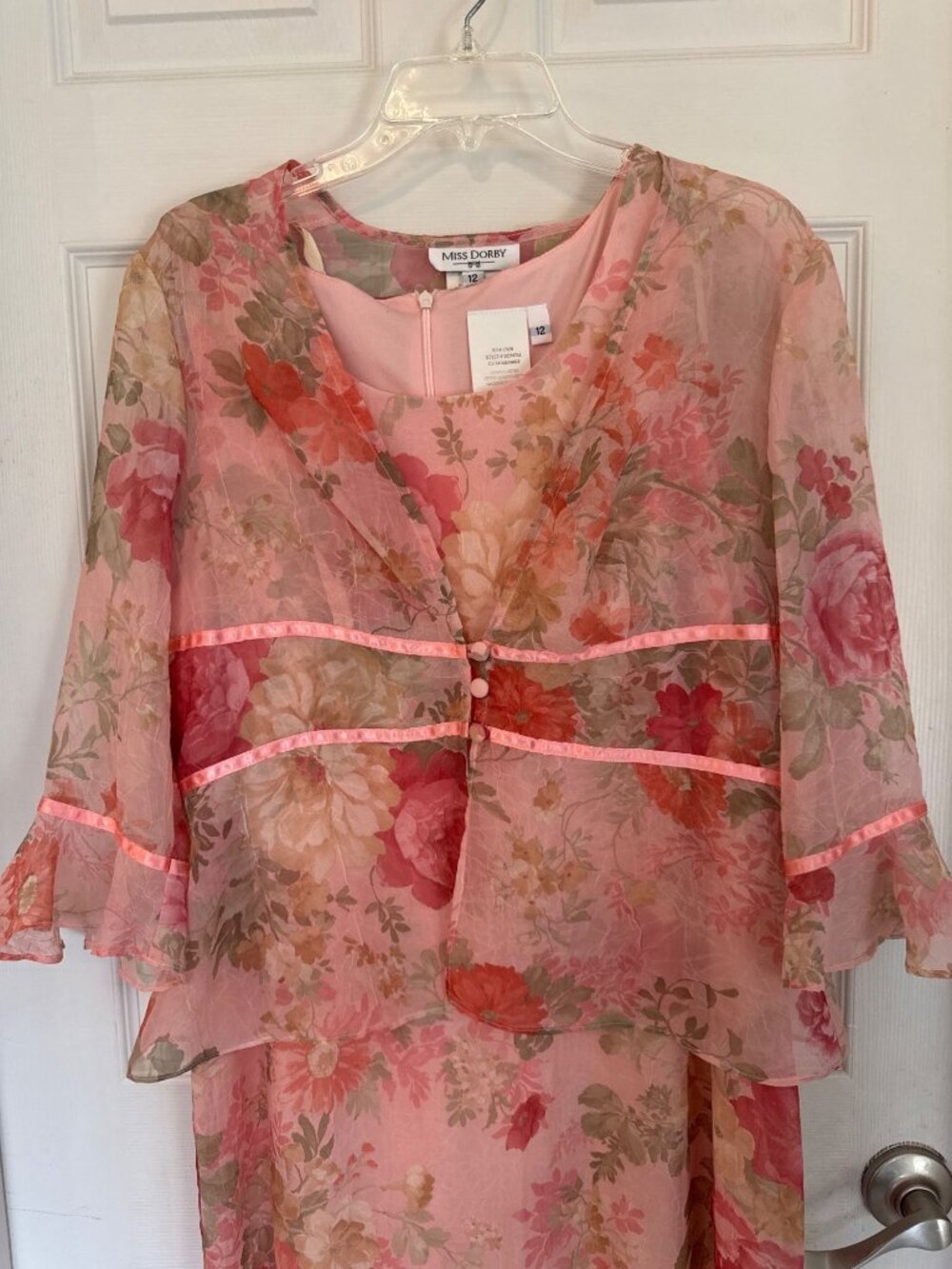 Vintage 90s Miss Dorby Pink Floral Sleeveless Midi Dress Jacket Sheer Lined 12 - Picture 4 of 14